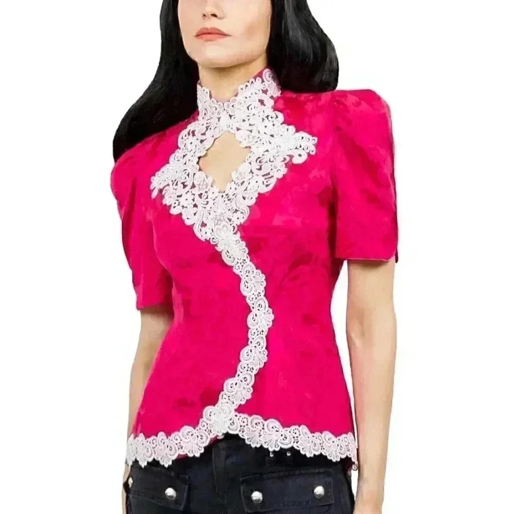 Vintage Pink Puff‎ Sleeve Blouse Size Small Mock Neck Top Lace Key Hole Blouse